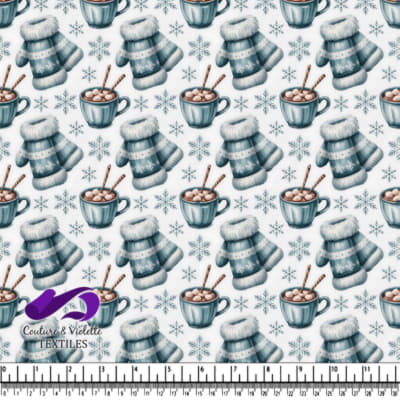 Winter cozy pattern with mittens hot cocoa and snowflakes