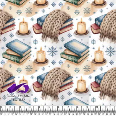 Cozy winter pattern with books candles knit blanket
