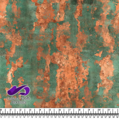 Rust patina textured fabric design with green and orange tones