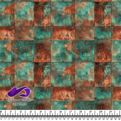 Tissu texturé patchwork rustique turquoise et cuivre