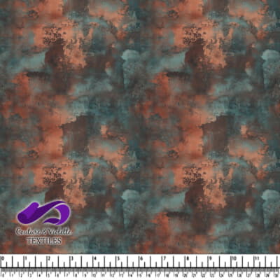 Abstract textured fabric design with rusty orange and teal blue tones