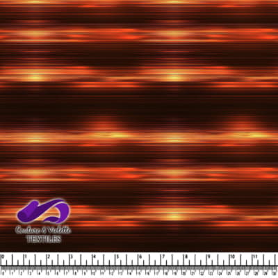 Abstract horizontal streaks of red orange and yellow light on dark background fabric pattern