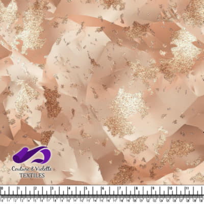 Tissu beige avec un motif abstrait de paillettes métalliques rose gold