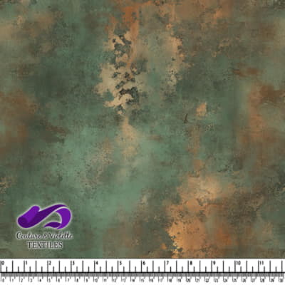 Earthy abstract textured fabric design with green brown and rust tones