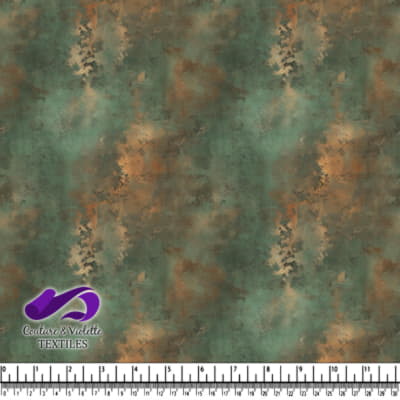 Earthy abstract textured fabric design with green brown and rust tones