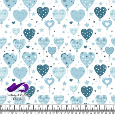 Blue heart shaped balloons and stars seamless pattern on white background