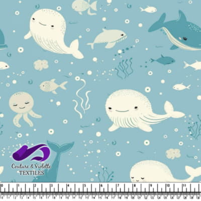Mignon motif de baleines et poissons souriants sous l'eau avec un fond bleu