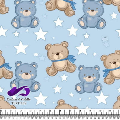 Cute teddy bears and stars on light blue background