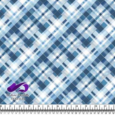 Blue and white diagonal plaid fabric pattern