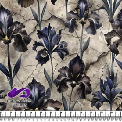 Elegant dark purple irises with cracked beige textured background