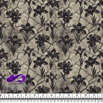 Vintage black floral pattern on cracked textured beige background textile design