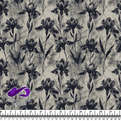 Black and gray floral pattern with iris flowers on a textured background