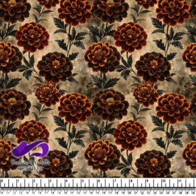 Vintage floral pattern with large brown and orange marigold flowers and green leaves