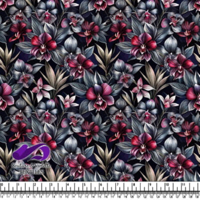 Dark floral pattern with vibrant orchids and tropical leaves