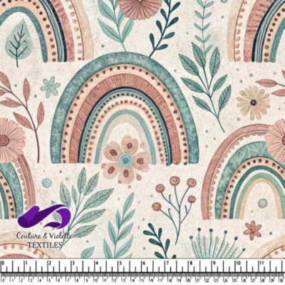 Motif de style bohème avec des arcs-en-ciel et des feuilles florales en teintes pastels