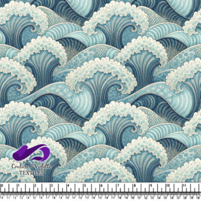 Vagues stylisées de l'océan aux nuances de bleu avec mousse et détails complexes