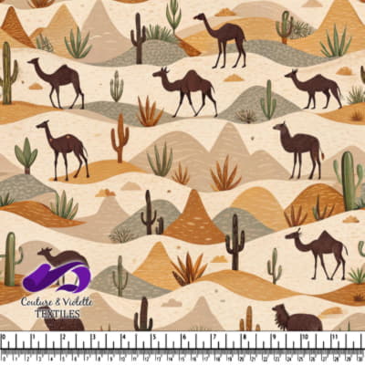 Desert landscape pattern with camels cacti and mountains