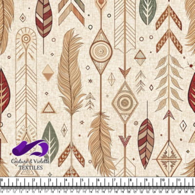 Bohemian style pattern with feathers arrows and geometric shapes in earthy tones