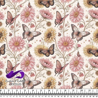 Pink and yellow flowers with butterflies