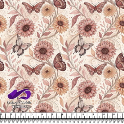 Motif floral vintage délicat avec des tournesols et des papillons dans des tons chauds et doux