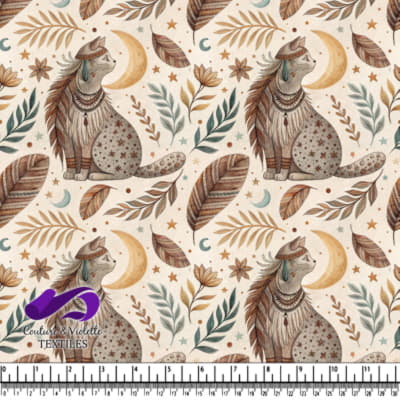 Chat au style bohème avec plumes et bijoux, entouré de motifs de lune, étoiles et feuilles