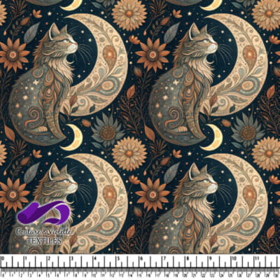 Chat Intriqué Assis à Côté d'une Lune Croissante Ornate et Fleurs sous un Ciel Étoilé