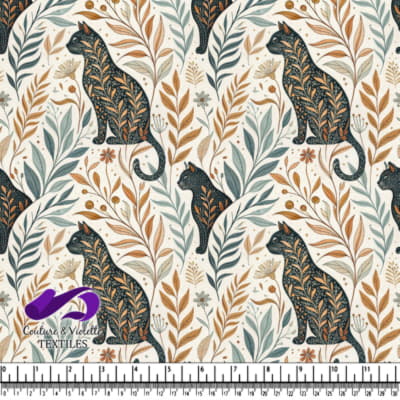 Stylized cat silhouette with intricate floral patterns surrounded by autumn leaves and flowers