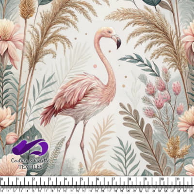 Flamand rose parmi les feuilles et fleurs tropicales