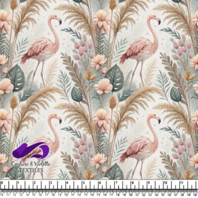 Flamand rose parmi les feuilles et fleurs tropicales