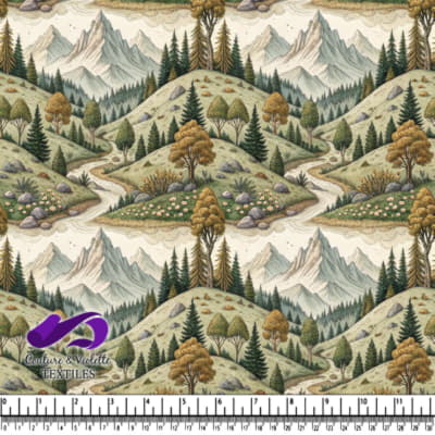 Paysage montagnard serein avec des pins, une rivière sinueuse et un feuillage d'automne dans un style vintage