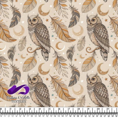 Vintage style owl with feathers stars and crescent moons