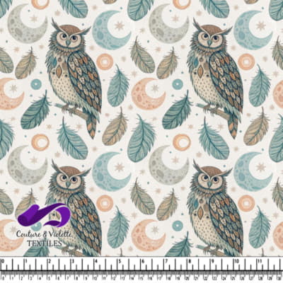 Illustrated owl perched on a branch surrounded by feathers moons