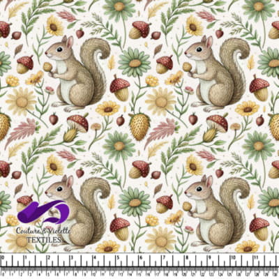 Illustration of a squirrel and flowers mushrooms