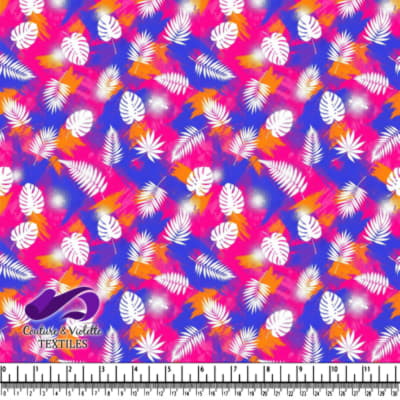 Vibrant tropical leaf pattern with white silhouettes