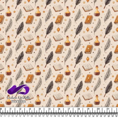 Magic pattern with spell books quills potions and stars