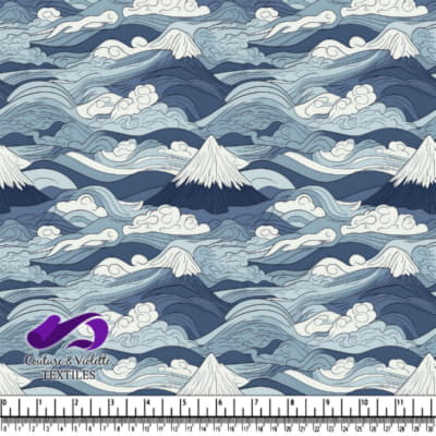 Blue and white stylized mountain and cloud pattern