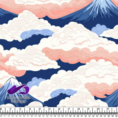 Stylized mountain landscape with clouds and pastel sky