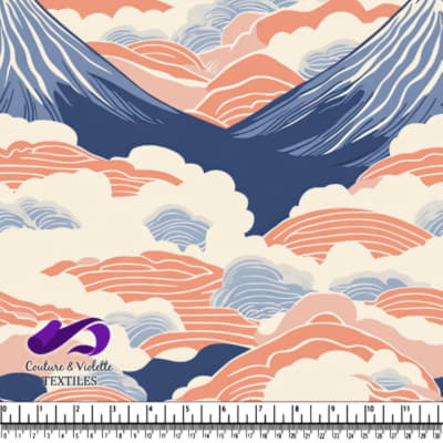 Stylized Mountain Landscape with Clouds and Rolling Hills Pattern