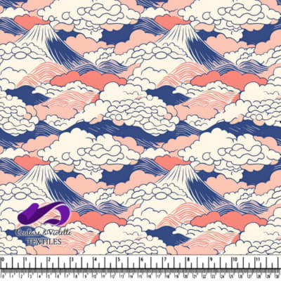 Motif Stylisé de Montagnes et Nuages en Tons Bleus et Roses
