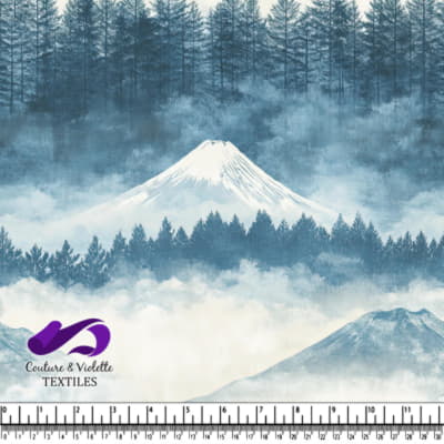 Montagnes Brumeuses et Sommet Enneigé dans une Scène Forestière Sereine