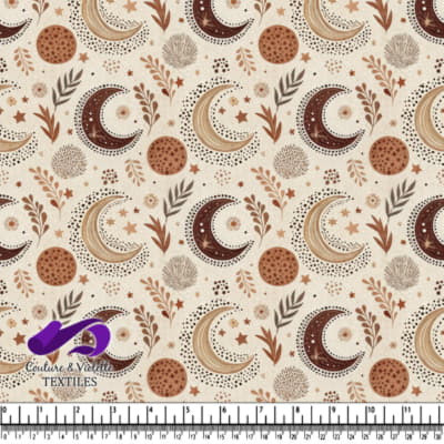 Motif Boho Céleste avec Lune, Étoiles et Feuilles sur Fond Crème