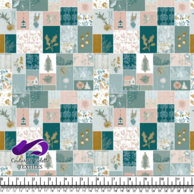 Motif Botanique en Patchwork avec Éléments Naturels et Maisons