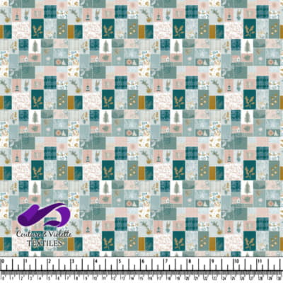 Motif Botanique en Patchwork avec Éléments Naturels et Maisons