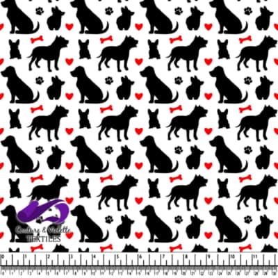 Black Dog and Cat Silhouette Pattern with Red Hearts and Bones