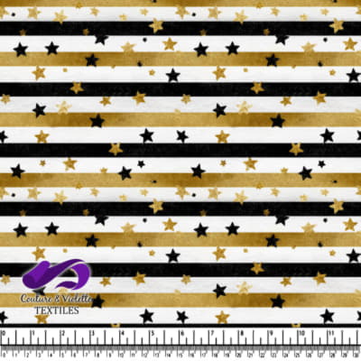 Gold and Black Stars on Striped Pattern Fabric Design