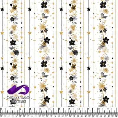 Black Gold Floral and Star Pattern on White Fabric