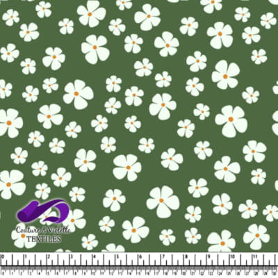 Green Background with White Floral Pattern Textile Design