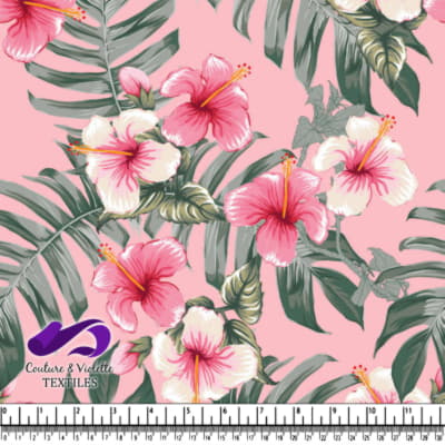Pink Hibiscus Flowers and Green Leaves Tropical Pattern
