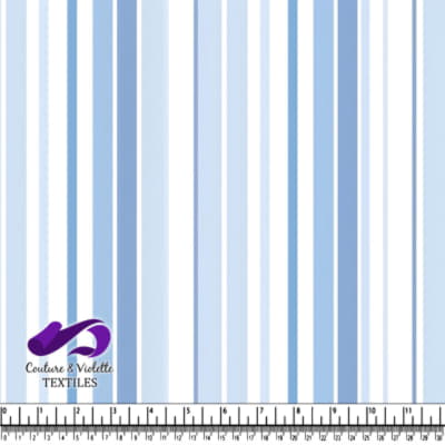 Blue and white vertical striped fabric pattern with measuring scale