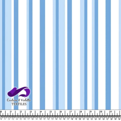 Blue and white vertical striped fabric pattern with ruler measurement